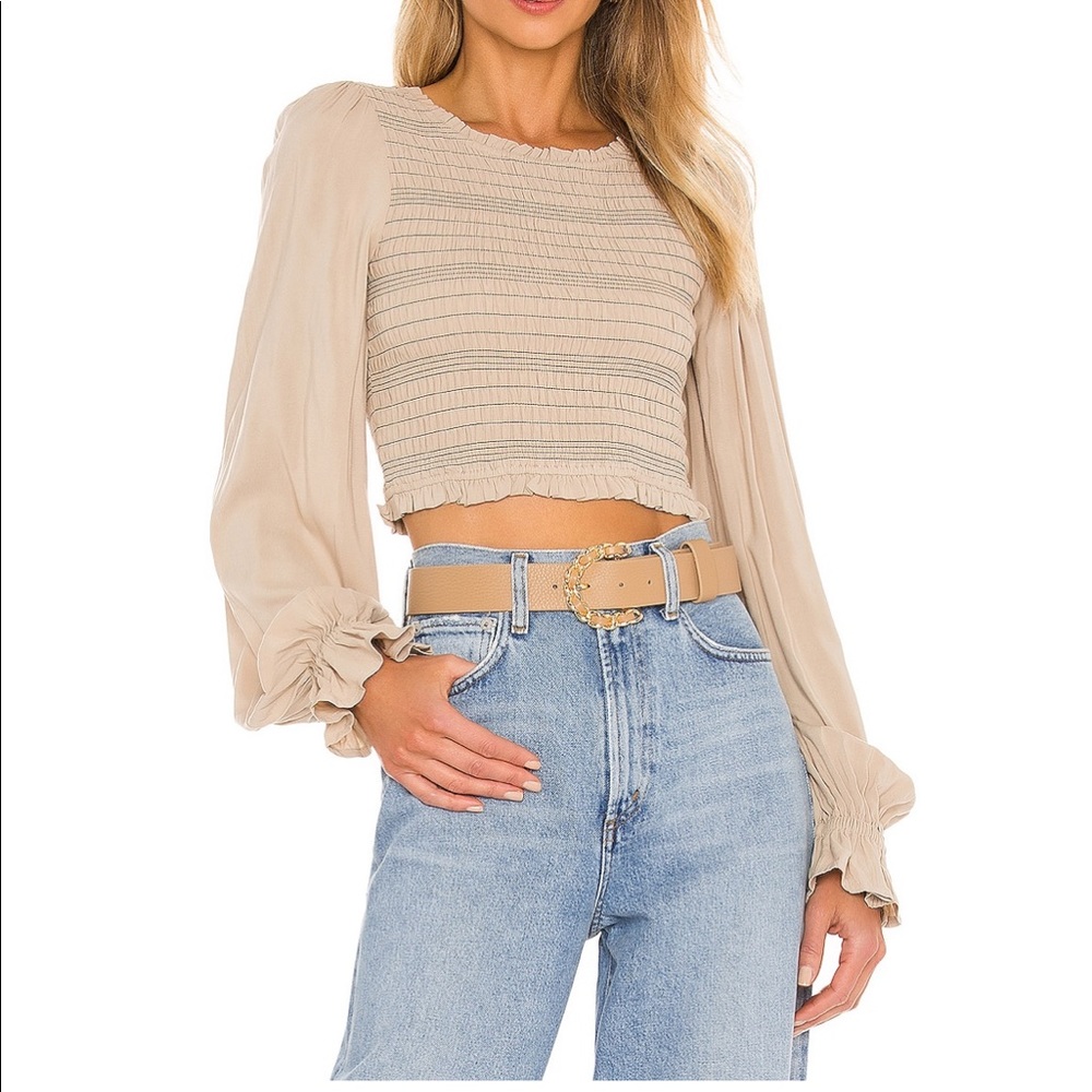 Tularosa size L smocked long sleeve tan blouse